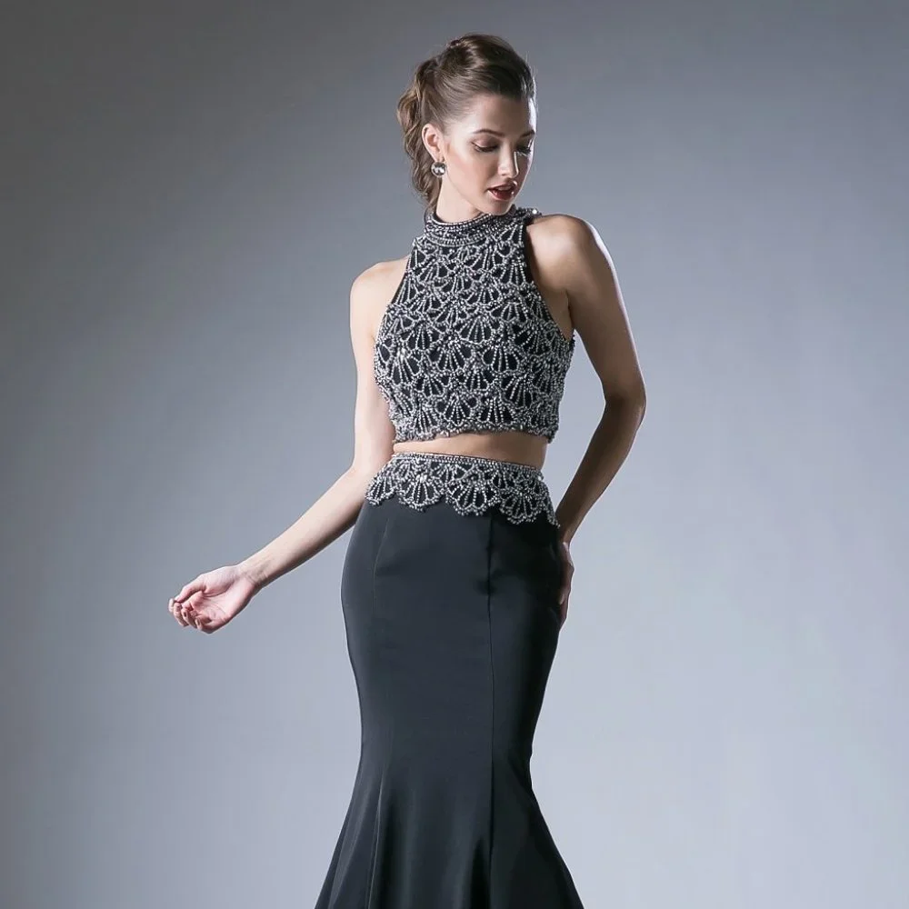 NEW LONG TWO PIECES MERMAID EMBROIDERED DRESS WITH CUTOUT ZIPPER BACK CD 11574 - Picture 1 of 8